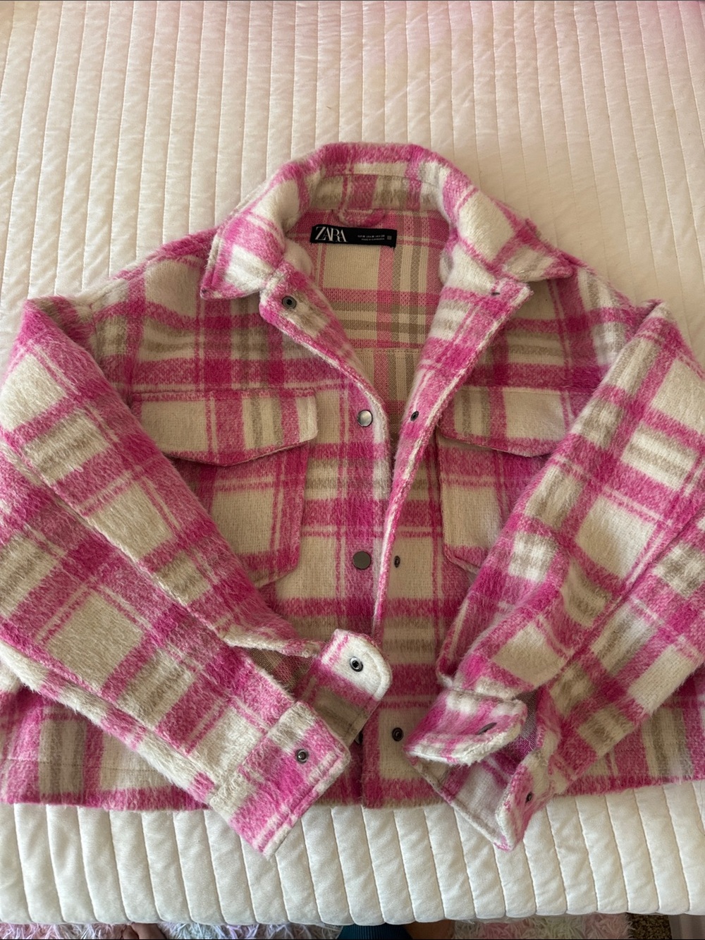 Zara Pink & Cream Plaid Shacket Jacket